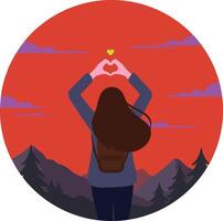 Woman creating a heart shape with her hands against a sunset backdrop in a flat illustration vector