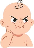 Angry baby with furrowed brow and thoughtful expression in flat art style showcasing determination and curiosity in a playful mood vector