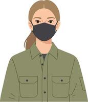 Woman wearing a black mask and green shirt in a flat illustration showcasing a modern, minimalist style with a neutral expression and casual attire vector
