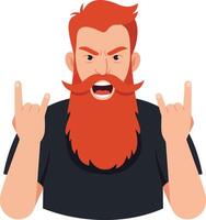 A man with a vibrant red beard and intense expression, showcasing rock and roll attitude in a flat illustration vector