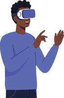 A young man wearing a virtual reality headset gestures excitedly while exploring a digital world in a flat art style vector
