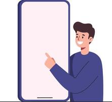 A young man pointing at a large smartphone in a flat and minimal design illustration showcasing technology and communication in a modern setting with an engaging atmosphere vector
