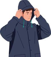 Young man adjusting his hooded jacket in a casual outfit, showcasing minimal color palette and simple lines in flat art vector