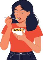 A young woman enjoying a bowl of fruit with a spoon in a flat, colorful style of art vector