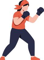 Female boxer in dynamic fighting stance wearing red headband and gloves, showcasing determination and strength in flat art vector