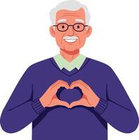 A cheerful elderly man making a heart shape with his hands in a flat illustration showcasing warmth and affection vector