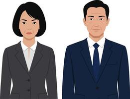 Two professional individuals in business attire, standing confidently side by side, showcasing a flat design style in art vector