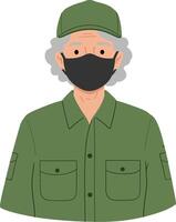 Elderly man wearing a green uniform and black mask in a flat illustration style, showcasing a calm and composed demeanor in a professional setting art vector