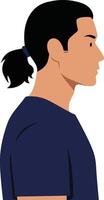 Male character in profile view with a ponytail wearing a navy blue shirt designed in a flat, minimal illustration vector