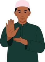 A young man in traditional attire with a pink cap signaling stop in a flat illustration style, conveying a sense of caution and awareness in the scene. vector