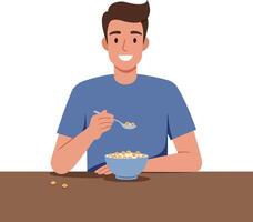 A smiling young man enjoying breakfast cereal in a blue bowl, in a minimal flat design illustration vector