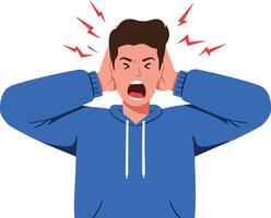 A young man in a blue hoodie expressing frustration while covering his ears, depicted in a flat style, conveying a sense of distress and overwhelming noise in art vector