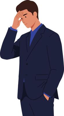 Male professional in a dark suit expressing stress and contemplation in a minimal flat design illustration