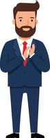 Professional man in a suit clapping with enthusiasm, flat design style illustration showcasing confidence and positivity in a corporate setting vector
