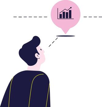 A thoughtful man looking upward with a speech bubble displaying a growth chart design in a minimal flat illustration vector