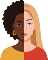 Two women with distinct hairstyles and skin tones in a flat design showcasing diversity and unity in art vector