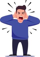 Frustrated man holding his ears while shouting in a blue sweater, flat illustration capturing intense emotion and noise disturbance vector