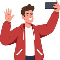Young man in a red hoodie happily taking a selfie with a smartphone in a cheerful, minimal illustration vector