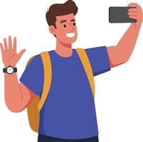 Cheerful young man taking a selfie with a smartphone in a bright, minimalist design style, showcasing excitement and joy in illustration vector