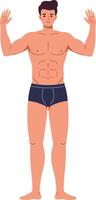 Athletic man with muscular build standing confidently in minimal flat style illustration, showcasing strength and vitality with a relaxed demeanor and open posture. vector