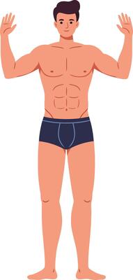 Athletic man with muscular build standing confidently in minimal flat style illustration, showcasing strength and vitality with a relaxed demeanor and open posture.
