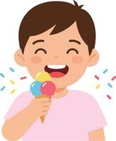 Happy boy enjoying colorful ice cream cone in bright flat illustration with joyful expressions and playful details vector