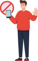 Young man with a smartphone gesturing stop in a flat, minimal style illustration vector
