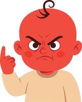 Angry baby with red skin and a raised finger, showcasing flat design style, expressing frustration and determination in whimsical art vector