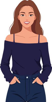 Young woman smiling confidently in off-shoulder top and jeans, featuring flat design style, engaging art