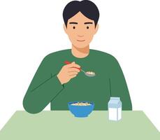 A young man enjoying a bowl of cereal with milk while seated at a green table in a flat illustration vector