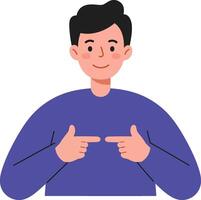Smiling young man in a blue sweater pointing at himself in a flat illustration, showcasing enthusiasm and engagement in a cheerful setting, art vector