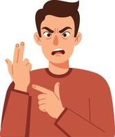 Angry young man showing two fingers and pointing in a minimal flat design illustration vector