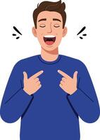 Cheerful young man with a blue sweater pointing at himself in a flat design illustration showcasing joy and self-confidence vector