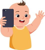 Happy baby with a smartphone taking a selfie in a playful, colorful flat design art vector