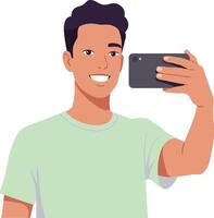 Young man smiling while taking a selfie with a smartphone in a casual flat illustration vector