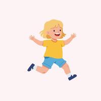 Happy child running joyfully in a light pastel setting, showcasing a playful expression in a flat illustration vector