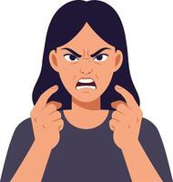 Angry woman expressing frustration with clenched fists in a flat design illustration showcasing intense emotions and strong body language in a minimalist style vector