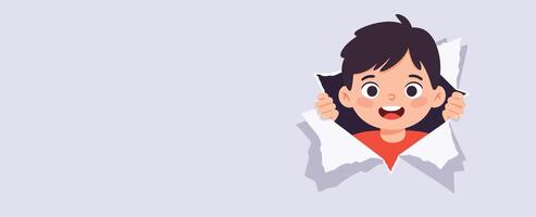 A cheerful child breaking through paper in a playful, minimal style, expressing joy and curiosity in vibrant art vector
