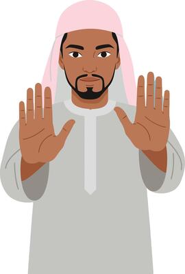 A man with raised hands in traditional attire showcasing a flat design style in art