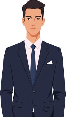 Confident young man in a tailored suit with slicked-back hair, minimal style illustration showcasing professionalism and elegance in a corporate setting