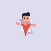Young man breaking through a paper wall with a cheerful expression, showcasing a flat design style in vibrant colors, illustration vector