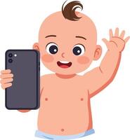 Happy baby holding a smartphone and waving cheerfully, showcasing a flat and colorful design style in playful art vector