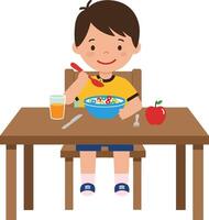 A cheerful boy enjoying a colorful cereal bowl at a wooden table in a flat illustration vector