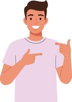 Cheerful young man pointing at something with a friendly smile in a flat illustration style vector