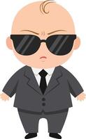 Baby character dressed in a black suit and sunglasses, showcasing a confident expression in a minimal design style, perfect for playful art vector