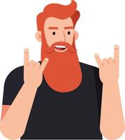 A cheerful man with a thick red beard making a rock hand gesture in a flat illustration design style radiating enthusiasm and energy in an upbeat atmosphere art vector