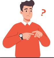 A young man in a red sweater looking at his wristwatch with a puzzled expression in a flat illustration vector