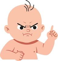 Determined baby with an angry expression gesturing with a raised finger in flat art style vector