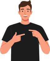 A cheerful young man in a black t-shirt pointing towards a blank space in a minimal illustration style showcasing friendliness and engagement in art vector