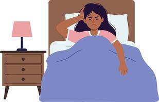 A woman sitting up in bed with a worried expression in minimal flat art vector